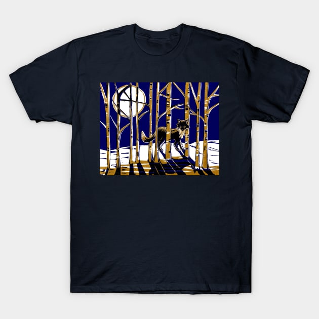 Fox in Moonlit Forest Linocut in blue and gold T-Shirt by Maddybennettart